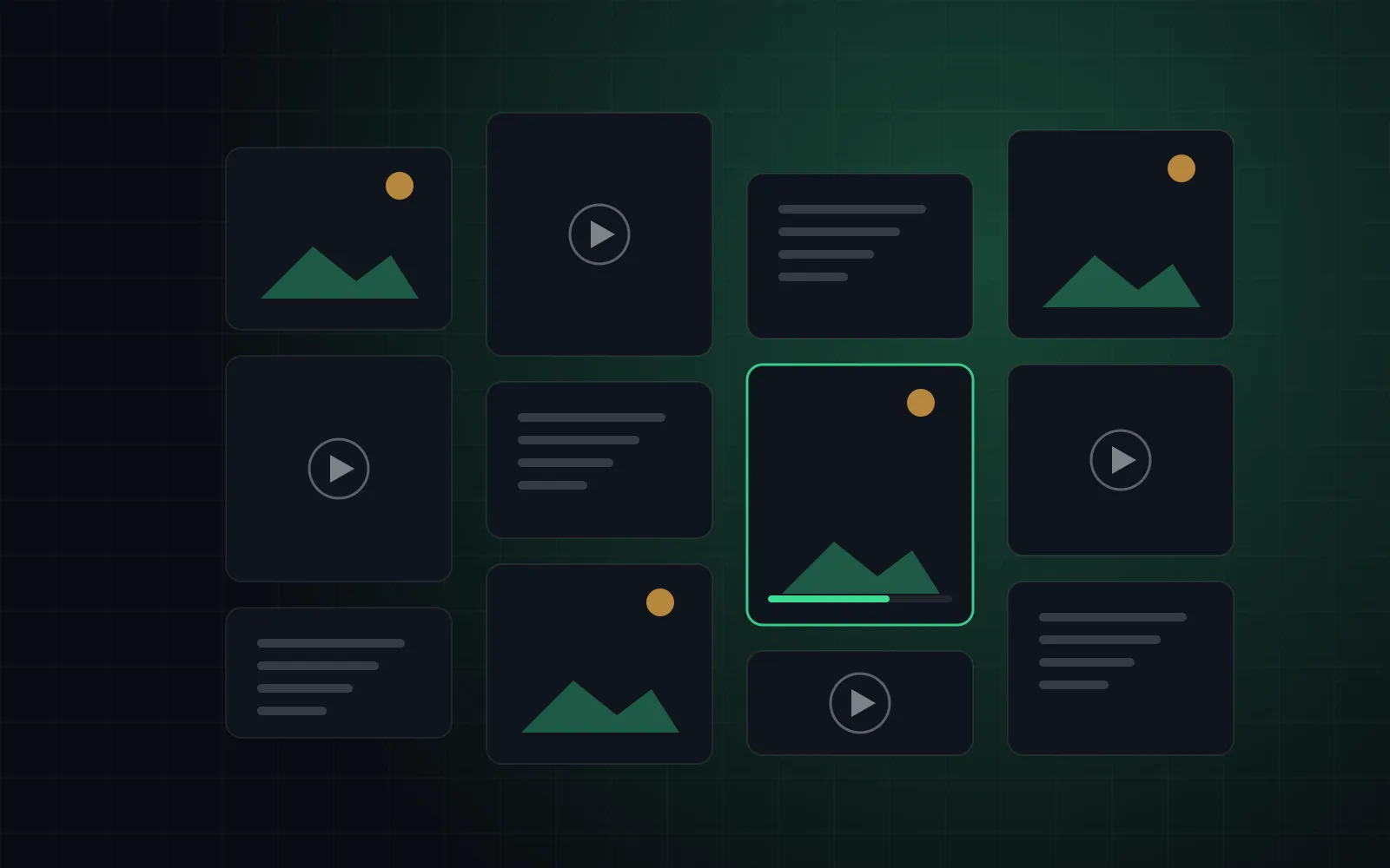 Abstract illustration of a grid of image, video and document tiles, one being rendered